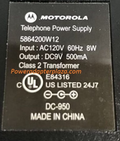 NEW 9V 500mA MOTOROLA 5864200W12 Class 2 Transformer A/C Telephone Power Supply Adapter