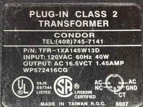 New Original 16.5V 1.45A Condor TFR-1XA145W13D Plug In Class 2 Transformer AC Adapter