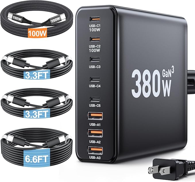 380W USB C Charger Block,with 4 USB Cables 8-Port USB C Charging Station Dual 100W Laptop Charger Fa