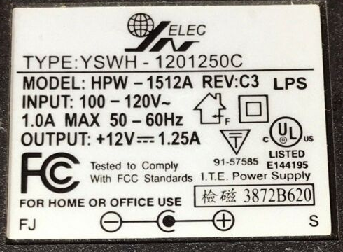 New Original 12V 1.25A Elec HPW-1512A Rev: C3 AC Adapter