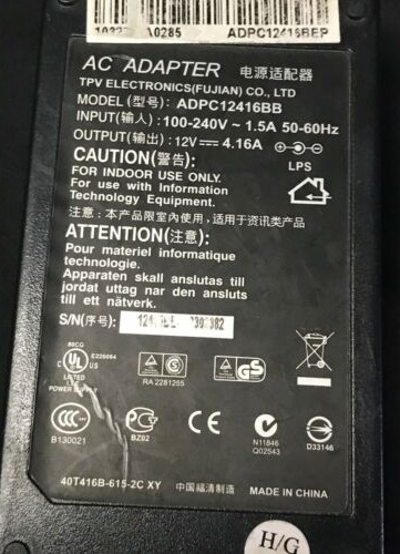 New Original 12V 4.16A TPV ELECTRONICS ADPC12416BB POWER AC ADAPTER